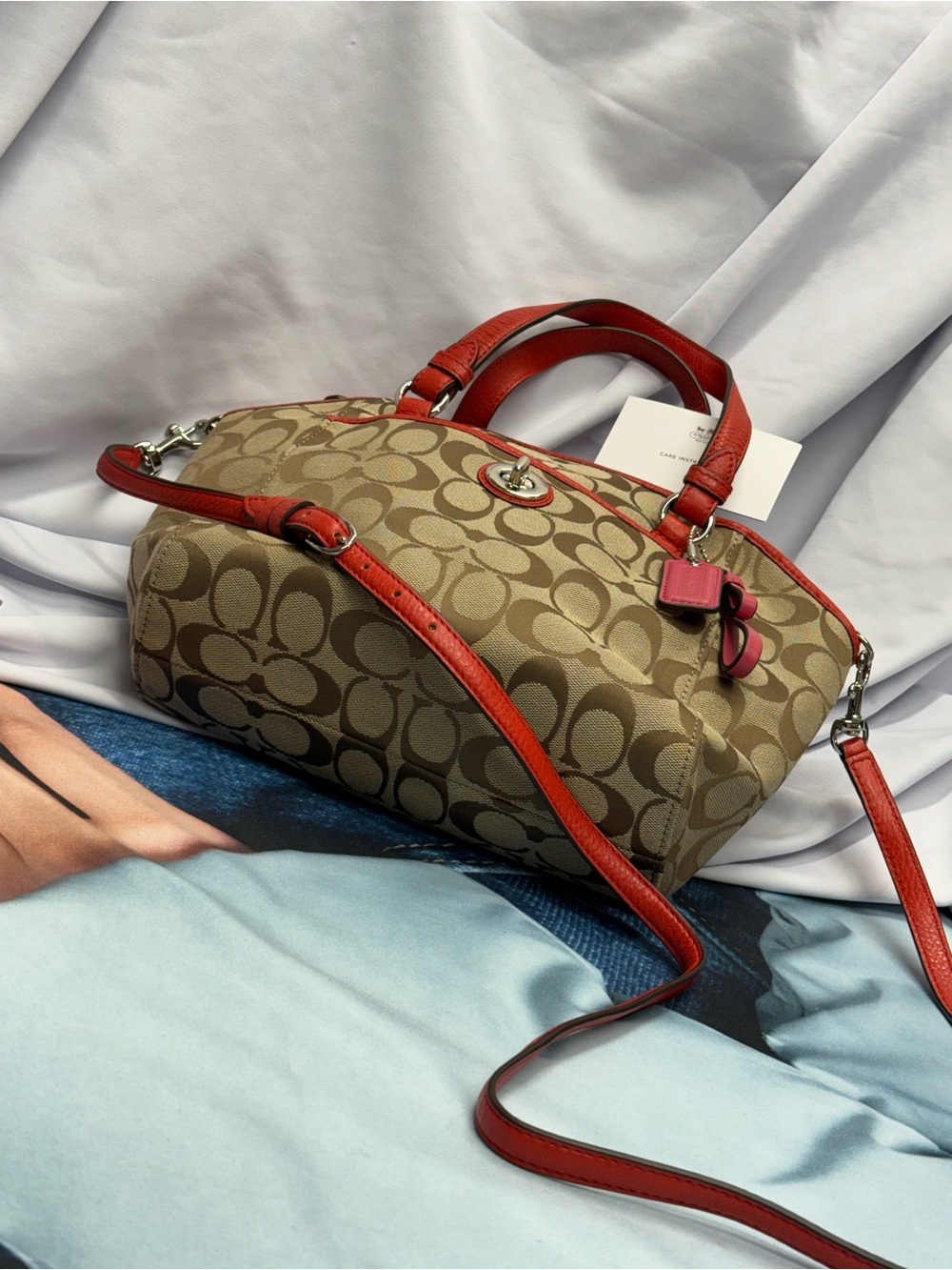 (new+tag) Coach Signature Khaki Crossbody Satchel Leather Trim Size 12 x 7 inch - Picture 8 of 11